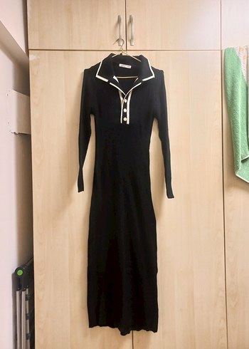 Düğmeli Siyah Uzun Triko Elbise - Görsel 2