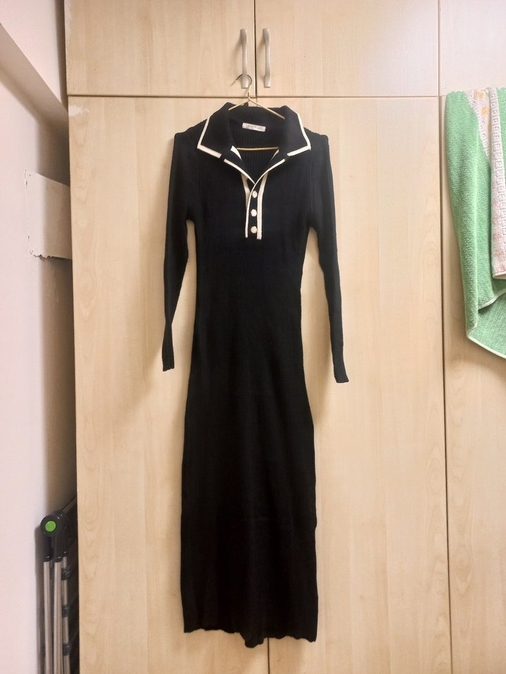 Düğmeli Siyah Uzun Triko Elbise - Görsel 2