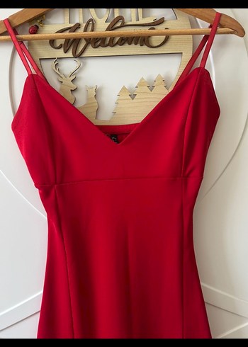 Parlak Kırmızı V Yaka Mini Elbise - Görsel 2