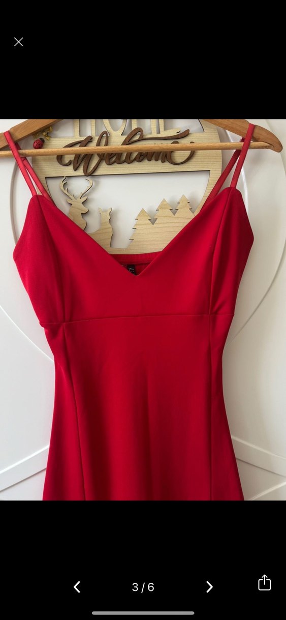 Parlak Kırmızı V Yaka Mini Elbise - Görsel 2