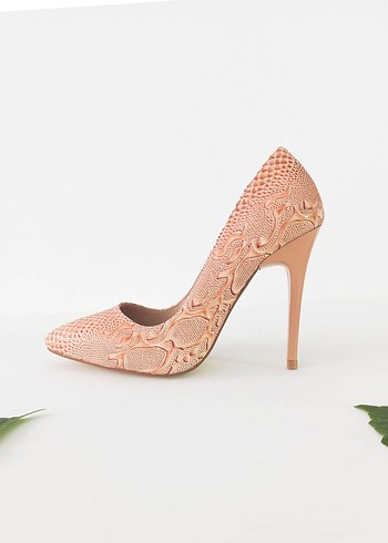 Pembe Parlak Yılan Desenli Dantelli Stiletto - Görsel 2