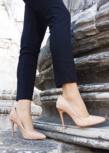 Pembe Parlak Yılan Desenli Dantelli Stiletto - Görsel 5