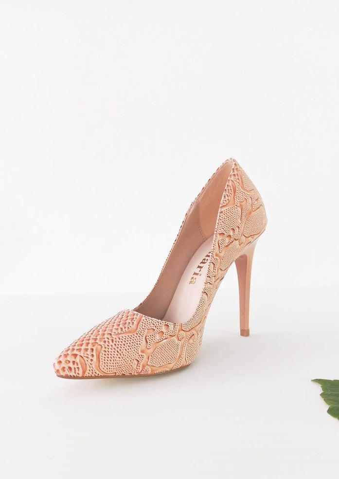 Pembe Parlak Yılan Desenli Dantelli Stiletto - Görsel 4