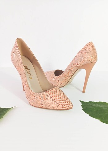 Pudra Yılan Desenli Dantelli Stiletto - Görsel 2