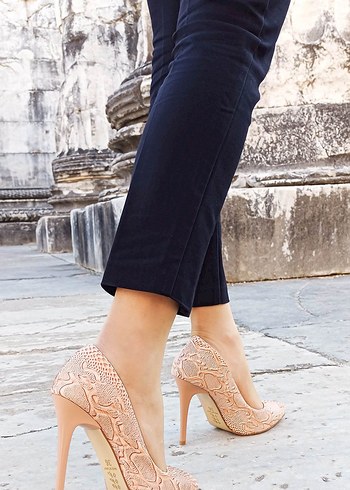 Pudra Yılan Desenli Dantelli Stiletto - Görsel 7