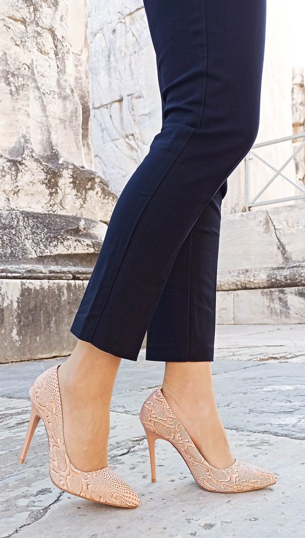 Pudra Yılan Desenli Dantelli Stiletto - Görsel 4