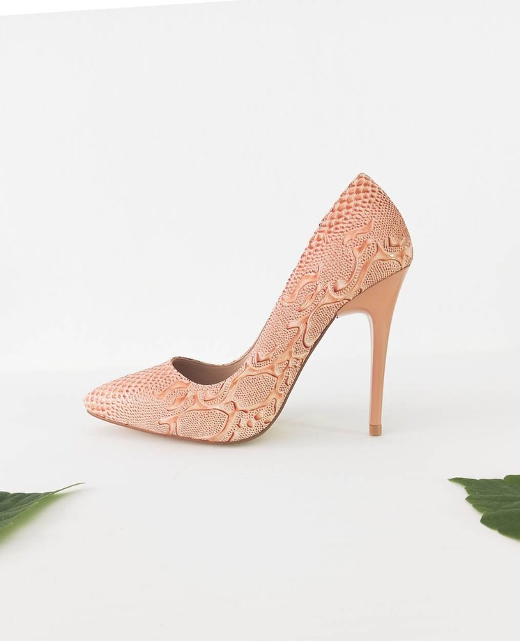 Pudra Yılan Desenli Dantelli Stiletto - Görsel 3