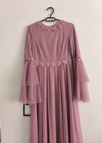 Pembe Nakışlı Uzun Kollu Vintage Elbise