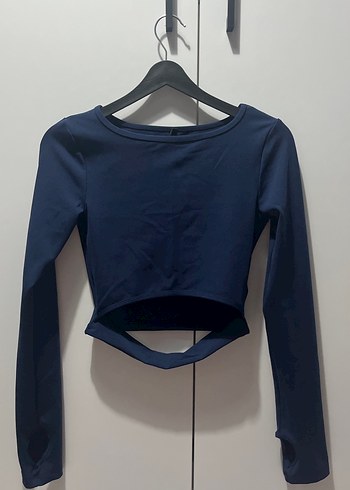 Koyu Mavi Uzun Kollu Crop Bluz