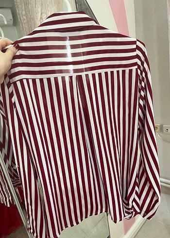 42 Beden Bordo Çizgili V Yaka Uzun Kollu Gömlek