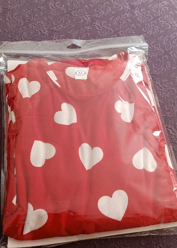 Kırmızı Kalp Desenli Uzun Kollu Kadın Pijama Takımı - Görsel 3