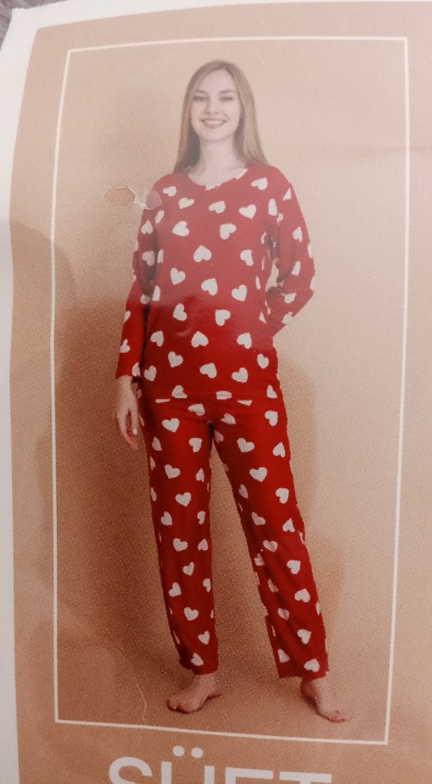 Kırmızı Kalp Desenli Uzun Kollu Kadın Pijama Takımı - Görsel 4