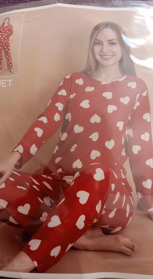 Kırmızı Kalp Desenli Uzun Kollu Kadın Pijama Takımı - Görsel 5