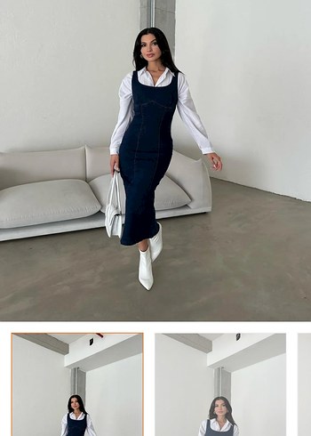 Kadın Beyaz Uzun Kollu Gömlek ve Siyah Denim Elbise