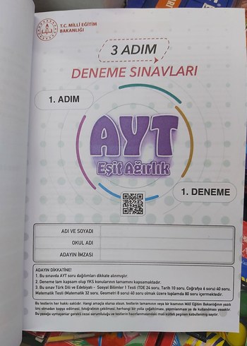 3 Adım AYT Eşit Ağırlık 15 Deneme Sınavı