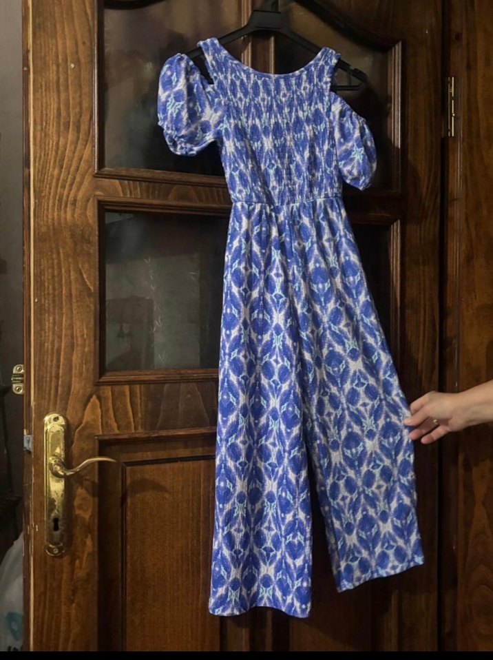 Mavi Bohem Katlı Uzun Çocuk Tulum - Görsel 2