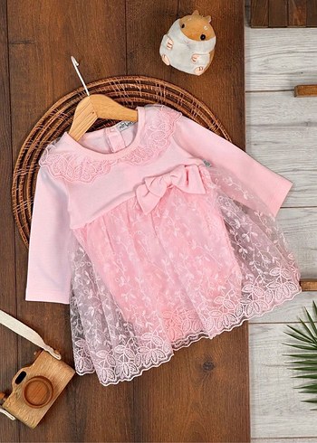 Pembe Dantel Detaylı Kız bebek Elbisesi ve patik - Görsel 3