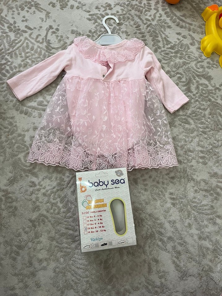 Pembe Dantel Detaylı Kız bebek Elbisesi ve patik - Görsel 2