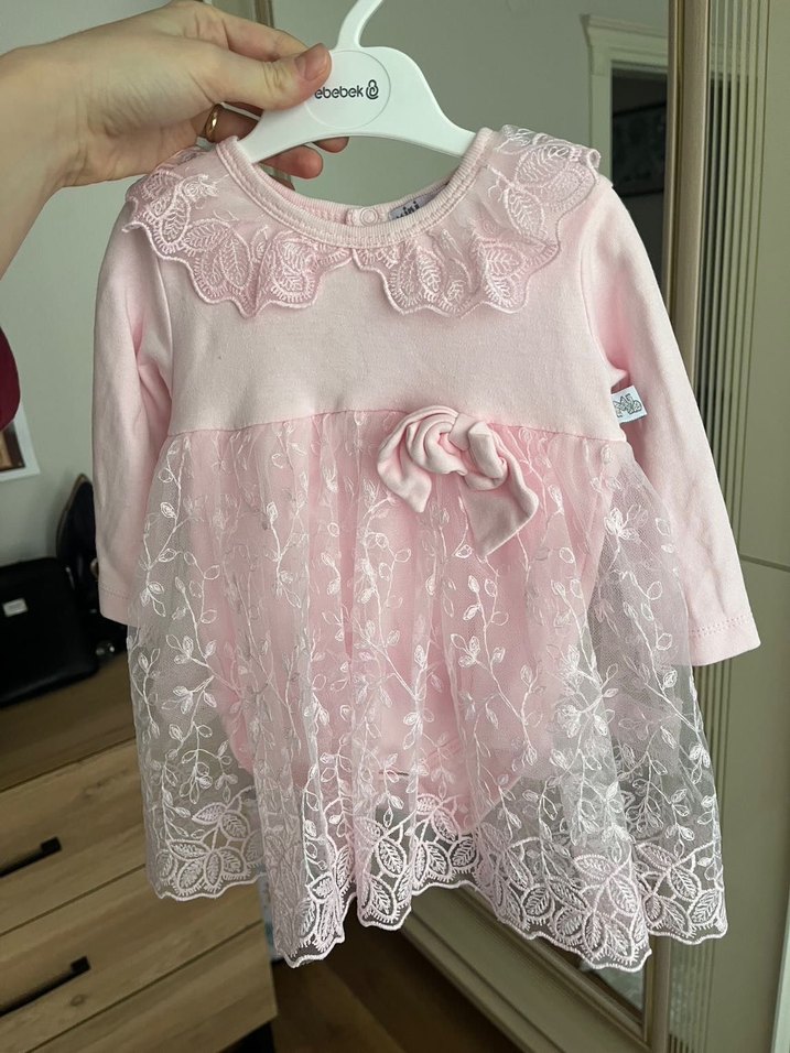Pembe Dantel Detaylı Kız bebek Elbisesi ve patik - Görsel 5