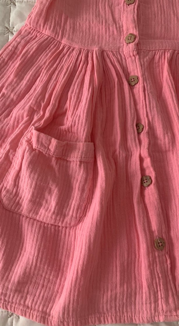 Düğmeli Pembe Kız Elbisesi - Görsel 3
