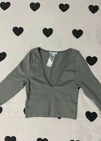 Gri V Yaka Uzun Kollu Crop Top - Görsel 4