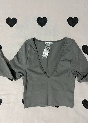 Gri V Yaka Uzun Kollu Crop Top - Görsel 2