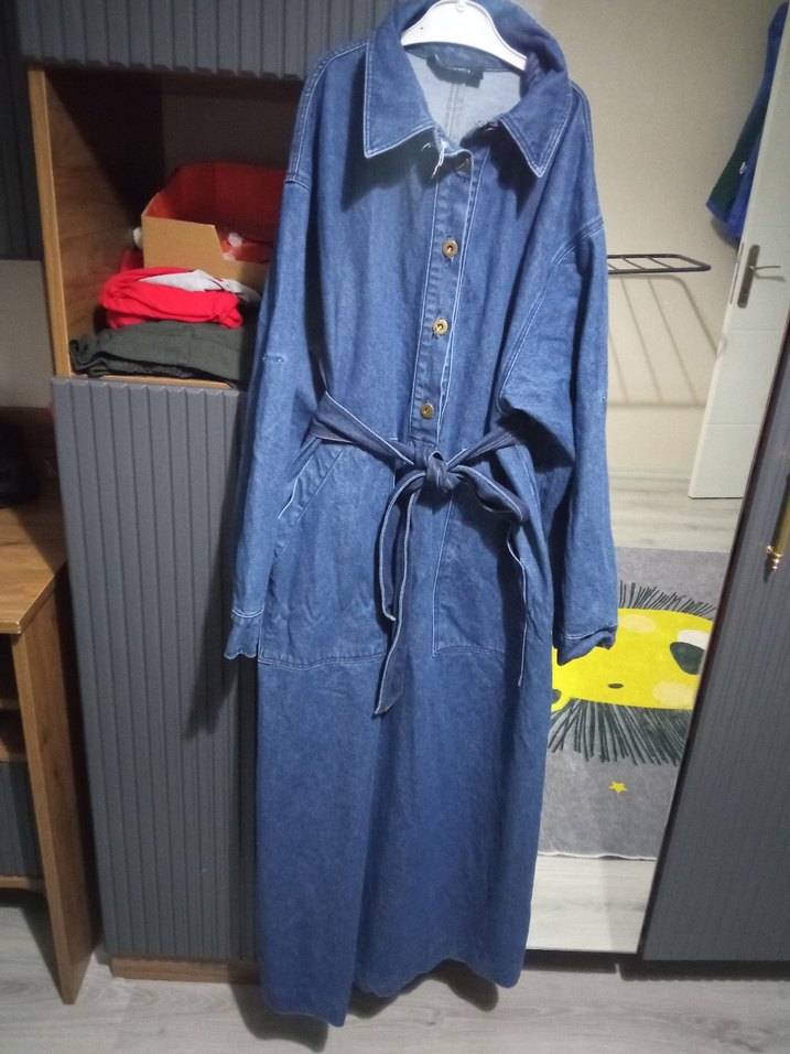 Kadın Kemerli Uzun Kot Ceket - Görsel 2