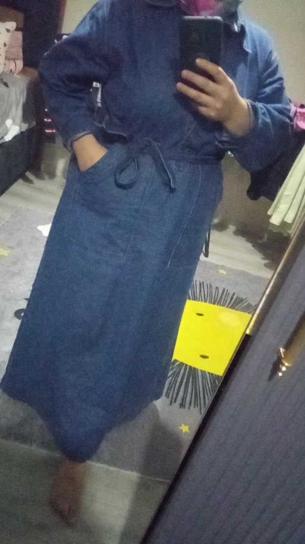 Kadın Kemerli Uzun Kot Ceket - Görsel 5