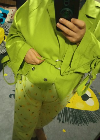 Kemerli yeşil Mini Kadın Ceket - Görsel 3