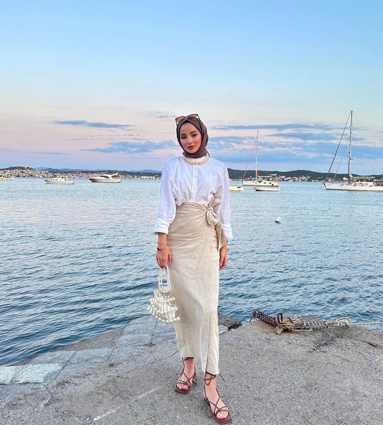 Bohem Tarzı Keten Uzun Etek belden bağlamalı (bej) - Görsel 2