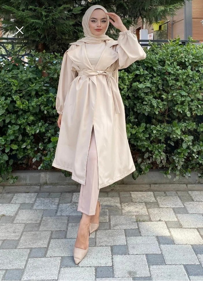 Bej Uzun Salaş Kadın Trençkot - Görsel 3