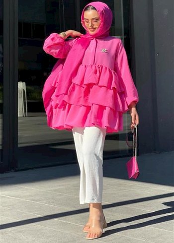 l Beden Fırfırlı Pembe Mini Tunik