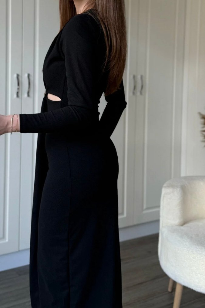 Kemer Detaylı Siyah Midi Kadın Elbise - Görsel 2