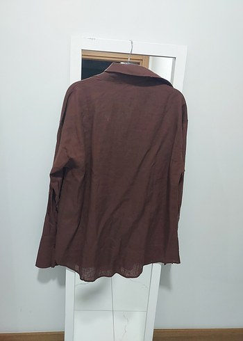 Düğmeli Kahverengi Keten Uzun Kollu Gömlek ve pantolon takım - Görsel 2