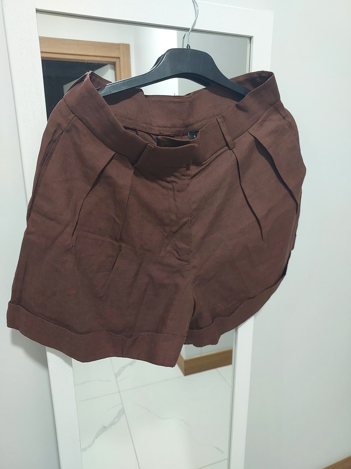 Düğmeli Kahverengi Keten Uzun Kollu Gömlek ve pantolon takım - Görsel 3