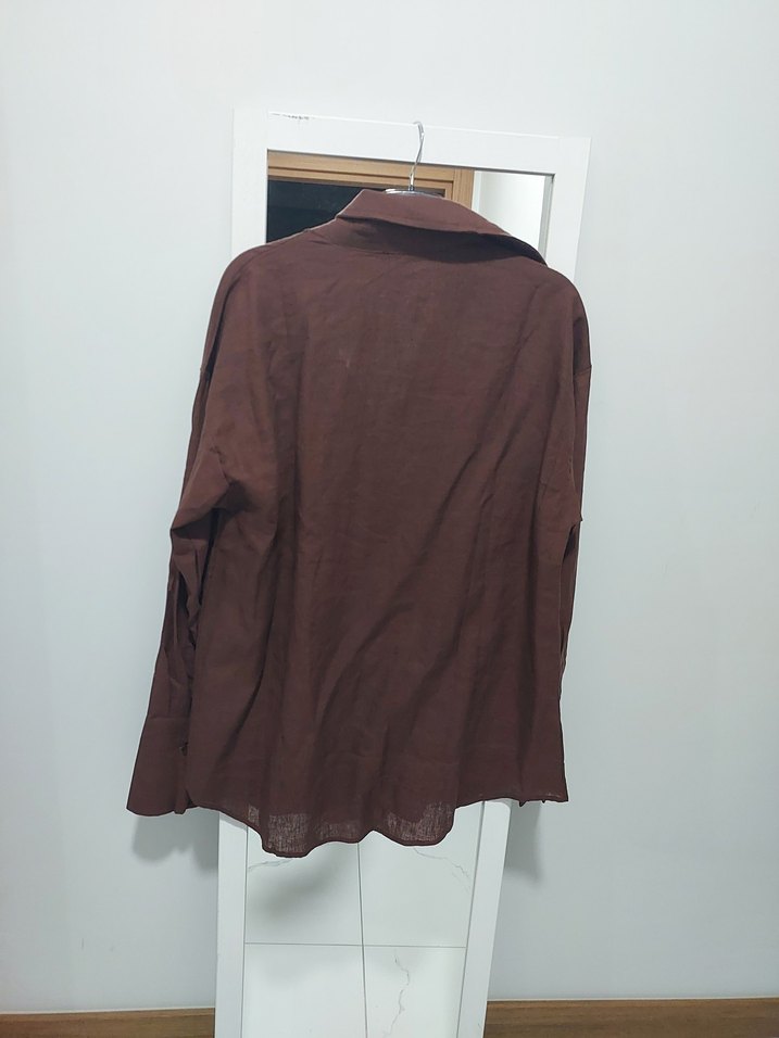 Düğmeli Kahverengi Keten Uzun Kollu Gömlek ve pantolon takım - Görsel 2