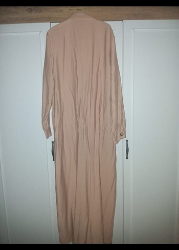 Bej Uzun Keten Düğmeli Elbise - Görsel 3