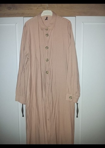 Bej Uzun Keten Düğmeli Elbise - Görsel 2