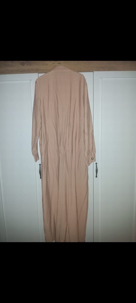 Bej Uzun Keten Düğmeli Elbise - Görsel 3