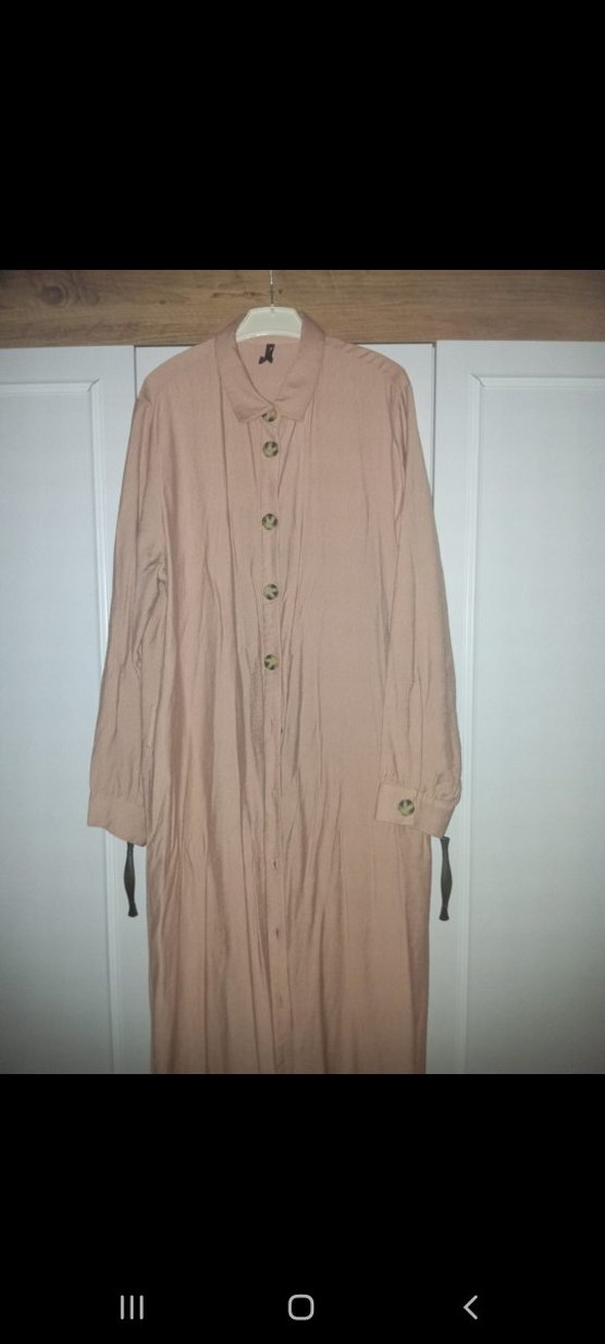 Bej Uzun Keten Düğmeli Elbise - Görsel 2