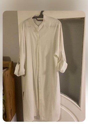Uzun Beyaz Kadın Gömlek Elbise - Görsel 2