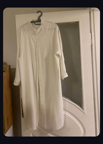 Uzun Beyaz Kadın Gömlek Elbise - Görsel 3