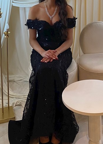 Siyah Boncuk İşlemeli Uzun Abiye Elbise - Görsel 2