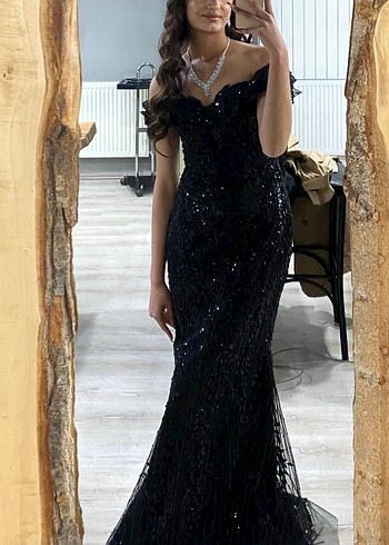 Boncuk , payet İşlemeli Siyah Uzun Abiye Elbise - Görsel 3