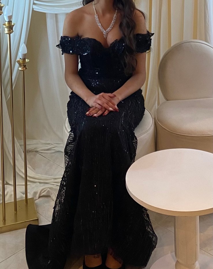 Boncuk , payet İşlemeli Siyah Uzun Abiye Elbise - Görsel 4