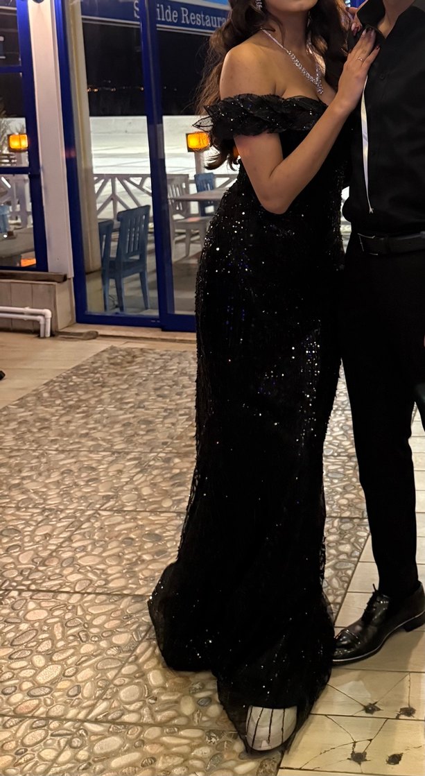 Boncuk , payet İşlemeli Siyah Uzun Abiye Elbise - Görsel 5