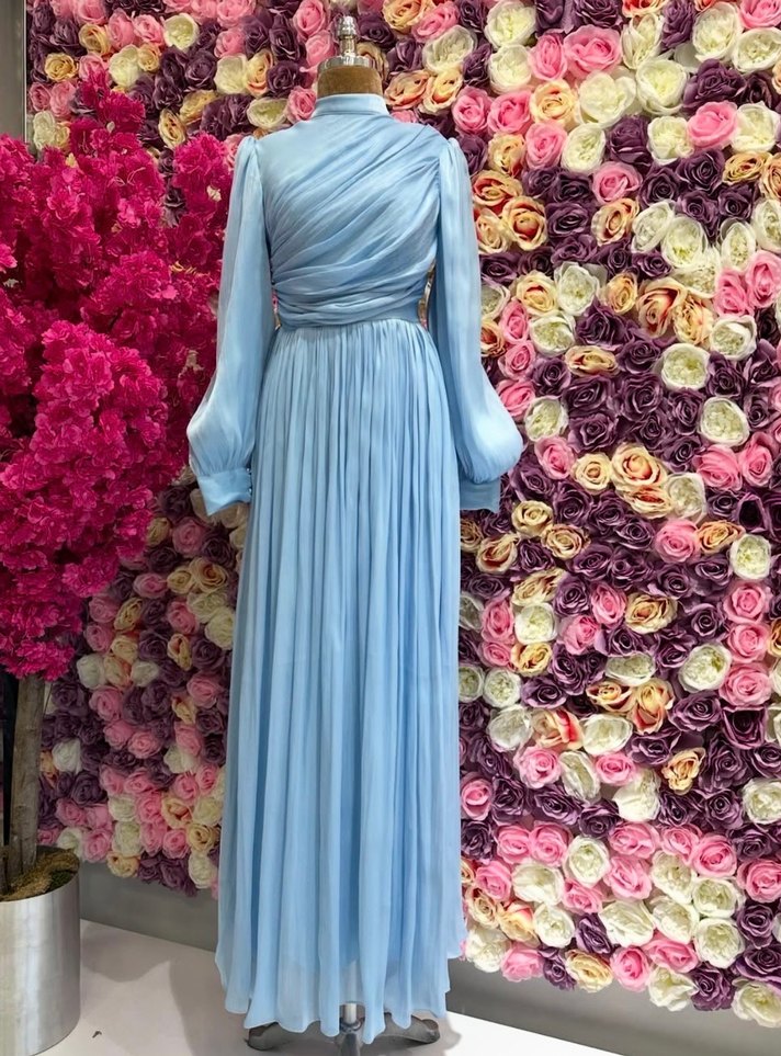 Mavi Drapeli Uzun tesettür Abiye Elbise - Görsel 2