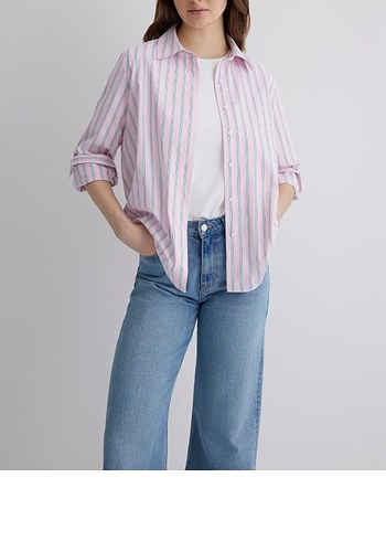 Pembe Batik Desenli Uzun Kollu Denim Gömlek