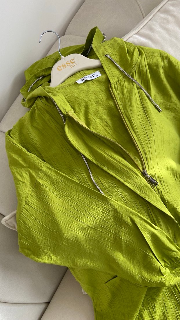 Yeşil Midi Keten Kapüşonlu Ceket - Görsel 2