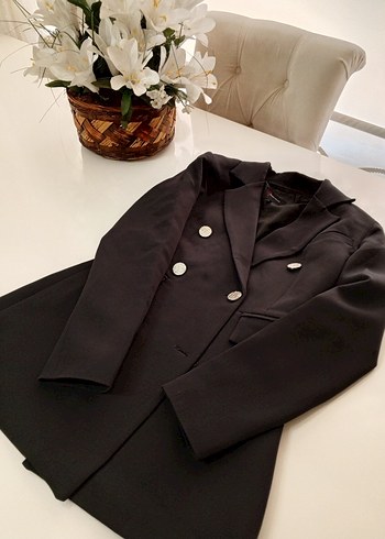Diğer Düğmeli Siyah Kadın Midi Blazer Ceket